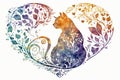 Watercolor illustration of a cat with a heart-shaped floral pattern