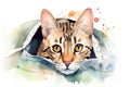 Watercolor illustration of a cat wearing a sleeping bag on a white background Royalty Free Stock Photo