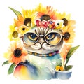 Watercolor illustration of a cat in a wreath of sunflowers AI generated