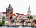 Watercolor illustration of the Charles Bridge and a view of the ancient architecture in Prague. Royalty Free Stock Photo