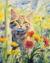 Watercolor illustration of charming cat in garden surrounded by flowers and lush greenery, exuding serene and playful Royalty Free Stock Photo