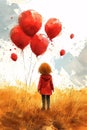 Watercolor Illustration of child in meadow with red balloons. Ai
