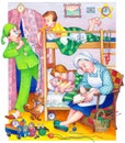 Watercolor illustration. Children in bedroom