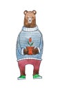 Watercolor illustration for children of cartoon brown bear wearing warm sweater holding a flowerpot with a flower