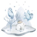 Polar white owls and a hare on an ice floe. Royalty Free Stock Photo