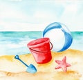 Watercolor illustration. Children`s entertainment during the summer holidays. Children`s toys by the sea.