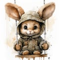 Watercolor illustration, children\'s style: cute little rabbit in a jacket with a hood, sitting on a swing