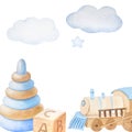 Watercolor illustration of children's toys pyramid, wooden cube, train, clouds and star isolated on white background