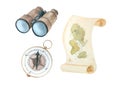 Watercolor illustration of childrens set of travel attributes. Binoculars, compass, map, vintage paper scrool