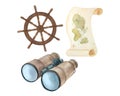 Watercolor illustration of childrens set of travel attributes. Binoculars, steering wheel, map, vintage paper