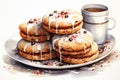 Watercolor illustration of Christmas cookies and a cup of tea, coffee on a white background. Royalty Free Stock Photo