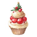 illustration, christmas cupcake decorated with berries and Christmas balls, pink cream, Christmas sweets