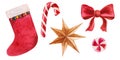 Watercolor illustration for Christmas decor. Red sock, New Year's candies, golden star, bright bow. Isolated Royalty Free Stock Photo