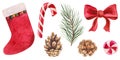 Watercolor illustration for Christmas decor. Red sock, New Year's candies, pine cones, bright bow. Isolated cliparts Royalty Free Stock Photo
