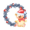 Christmas fir tree wreath and Teddy bear Royalty Free Stock Photo