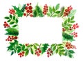 Festive colorful Christmas leafy frame watercolor illustration