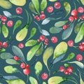 Watercolor background of leaves and red berry
