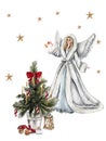 Watercolor illustration of Christmas tree and angel in gray coat. Watercolor hand drawn illustration for invitations, greeting