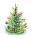 Watercolor illustration: Christmas tree decorated with balls on a white background. Template for the design of posters