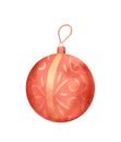 Watercolor illustration with christmas tree decoration. New year toy in red and gold colors with ornament Royalty Free Stock Photo