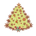 Watercolor illustration of Christmas tree figure composed of Lime slices, Star Anise, Cranberry sprigs, Gingerbread Cookie