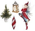 Watercolor illustration of Christmas tree, lamp and elf.