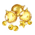 watercolor illustration of Christmas tree toys with shiny gold balls, vintage golden glitter bells, stars, winter set of Royalty Free Stock Photo