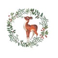 Watercolor illustration of Christmas wreath with deer.