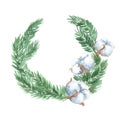 Watercolor illustration of a christmas wreath of fir branches and cotton. copy space Royalty Free Stock Photo