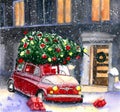 Watercolor illustration of christmastree on red car