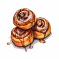 Watercolor Illustration Of Cinnamon Buns With Caramel Sauce