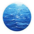 Watercolor illustration.The circle in which the landscape is inscribed. Blue water with waves and sun highlights.