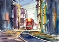 Watercolor illustration of a city landscape with a red train arriving on the platform