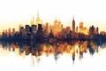 Watercolor illustration of a city skyline reflected in water. The cityscape is a silhouette against a vibrant orange sunset Royalty Free Stock Photo