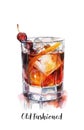 Watercolor illustration of a classic Old Fashioned cocktail isolated on white