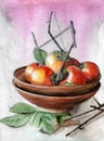 Watercolor illustration with a clay bowl of ripe yellow persimmons