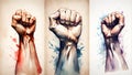 Watercolor illustration of clenched and raised fists. AI generated