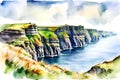 Watercolor illustration of Cliffs of Moher, County Clare, Ireland Royalty Free Stock Photo