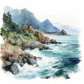 Hyper Realistic Watercolor Painting: Ocean And Mountains
