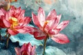 watercolor illustration closeup of beautiful pink lotus waterlily flowers with leaves Royalty Free Stock Photo