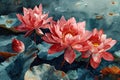 watercolor illustration closeup of beautiful pink lotus waterlily flowers with leaves on the water