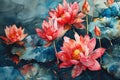 watercolor illustration closeup of beautiful pink lotus waterlily flowers with leaves on the water