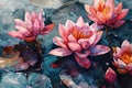 watercolor illustration closeup of beautiful pink lotus waterlily flowers with leaves on the water Royalty Free Stock Photo