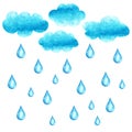 Watercolor illustration with cluods and rain drops Royalty Free Stock Photo