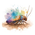Watercolor illustration of a cockroach on a watercolor background.