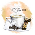 Watercolor illustration.Coffee Cup with saucer, cinnamon and star anise. Royalty Free Stock Photo