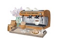 Watercolor illustration of coffee machine, cappuccino, cinnamon bun, espresso. Hand drawn composition. Perfect for cafe, logo,