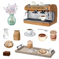 Watercolor illustration of coffee machine, cappuccino, cinnamon bun, espresso. Hand drawn composition. Perfect for cafe