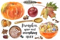 Watercolor illustration of coffee, pumpkin, spices, leaves and desserts close up. A hand-drawn Halloween autumn set.