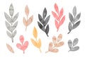 Watercolor illustration collection of decorative leaf branch shapes of beautiful pastel colors: pink, gray, fawn.